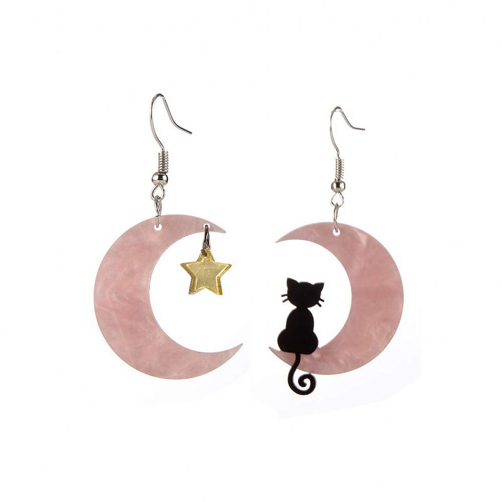 Black Cat on the Moon Dangle Earrings Acrylic Star Earrings Animal Lovely Women Jewelry-Pink