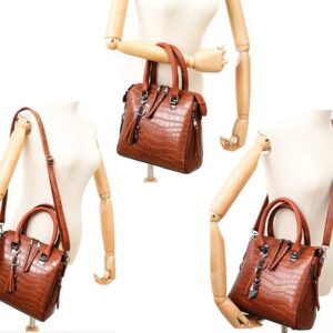 Women Handbag and Purse 4pcs Wax PU Tote Set Shoulder Top Handle Bag Satchel Clutch Card Holder wtih Tassel Brown