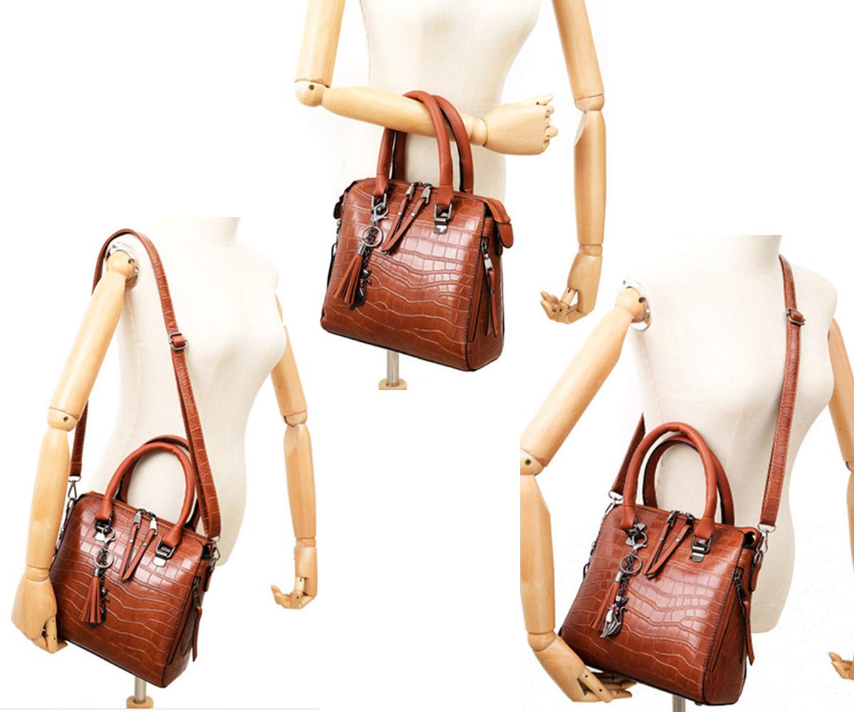 Women Handbag and Purse 4pcs Wax PU Tote Set Shoulder Top Handle Bag Satchel Clutch Card Holder wtih Tassel Brown