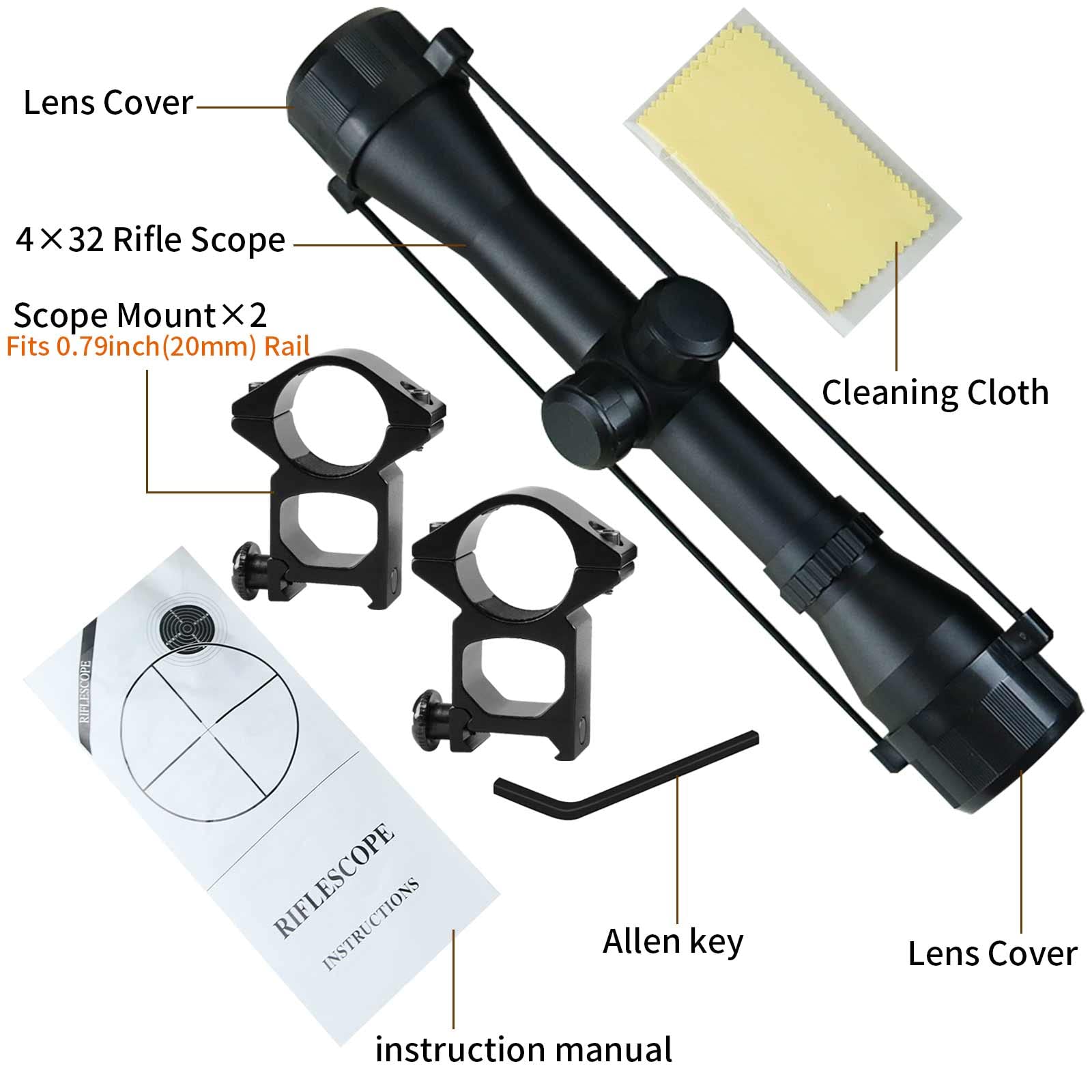 Beileshi 4x32 Compact Rifle Scope Crossbow Scope,Crosshair Optics Hunting Scope with 20mm Free Mounts