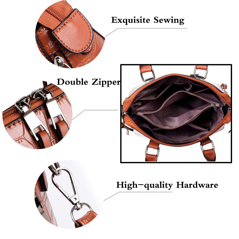 Women Handbag and Purse 4pcs Wax PU Tote Set Shoulder Top Handle Bag Satchel Clutch Card Holder wtih Tassel Brown