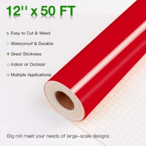 Red Permanent Vinyl Roll - 12" x 50 FT Matte Red Vinyl for Cricut, Silhouette, Cameo Cutters, Adhesive Vinyl Roll for Signs, Scrapbooking