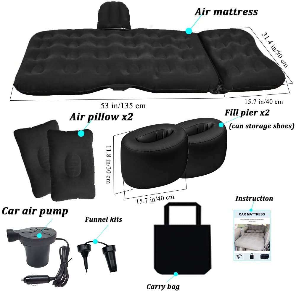 SAYGOGO Inflatable Car Air Mattress Travel Bed - Thickened Camping Bed Sleeping Pad with Car Air Pump 2 Pillows for Car Tent SUV Sedan Pickup Back Seat - Black