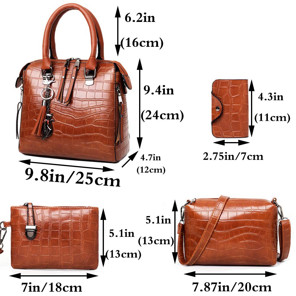 Women Handbag and Purse 4pcs Wax PU Tote Set Shoulder Top Handle Bag Satchel Clutch Card Holder wtih Tassel Brown