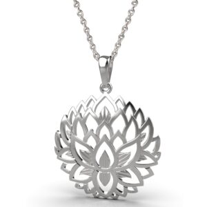 lotus flower necklace 925 sterling silver - large open birthday flower necklaces for women 20" chain - boho spiritual yoga jewelry - inspirational gifts for her - handmade