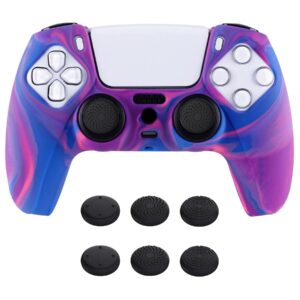 playvital tri-color pink & purple & blue camouflage anti-slip silicone cover skin for ps5 controller, soft rubber case for ps5 wireless controller with black thumb grip caps