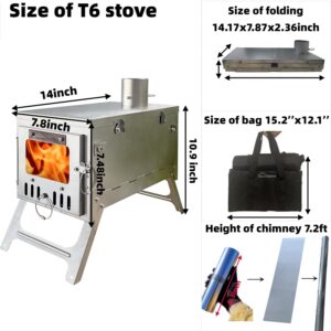 DANCHEL OUTDOOR T6 TA1 Titanium Wood Burning Stove Portable 4.4lbs, Folding Camping Tent Stove Lightweight Small Hot Tent Stove 7.2ft Chimney Backpacking