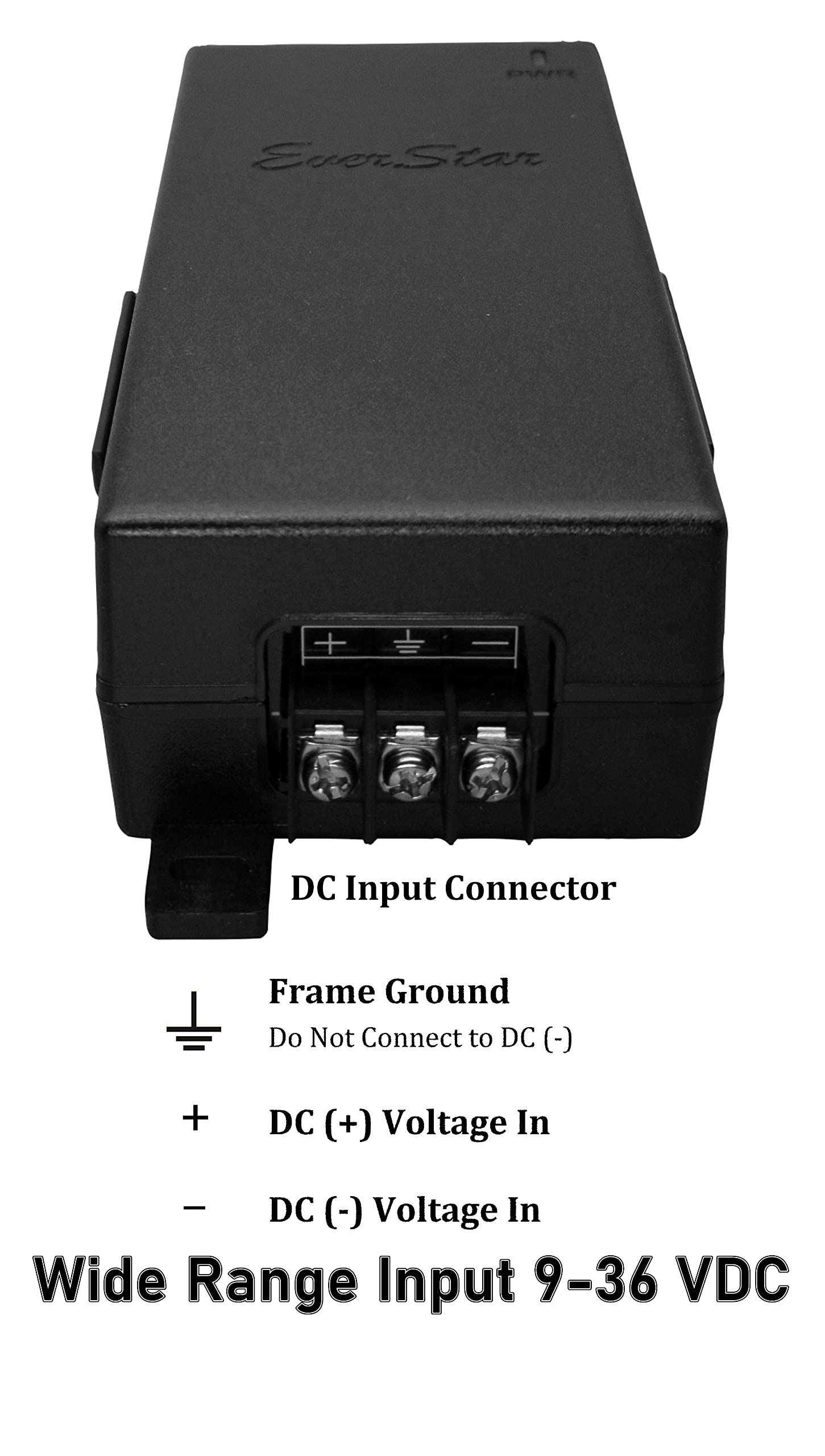 EverStar iPoE-35W56GDW-at Gigabit | 9-36V DC in | 56V 0.625A/35W DC PoE+ Out | DC-DC covertor + 802.3at PoE+ Mode A&B Injector for ePMP2000/3000, Force400/425, Q61, PoE Lighting | Black