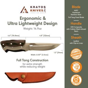 Bushcraft Knife with Sheath, 9.4" Fixed Blade Knife with 440C Hardened Stainless Steel Full Tang Survival Knife for Outdoor & Camping By Kratos - ZSF1