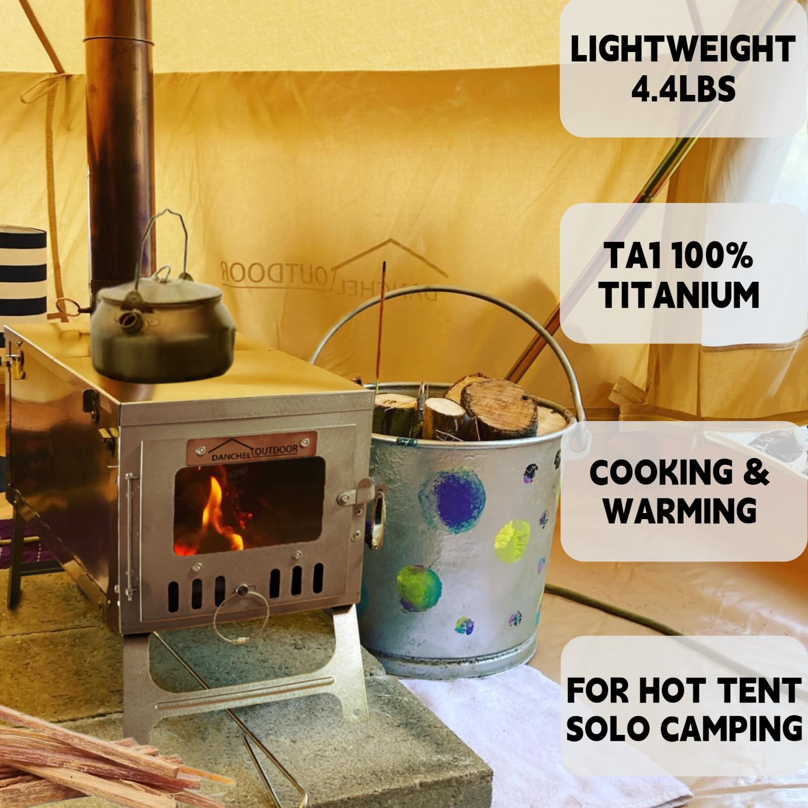 DANCHEL OUTDOOR T6 TA1 Titanium Wood Burning Stove Portable 4.4lbs, Folding Camping Tent Stove Lightweight Small Hot Tent Stove 7.2ft Chimney Backpacking