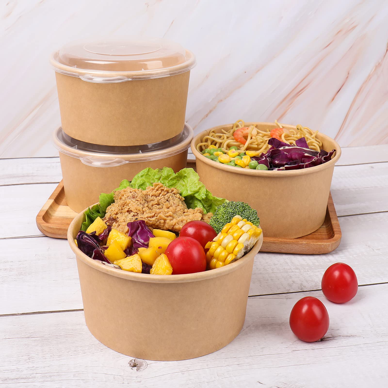 JAYEEY 34 oz Disposable Kraft salad paper bowls with lids, Food containers Soup Bowls Party Supplies Treat Bowls 50 Pack