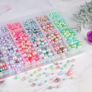 Suhome 1890pcs 6 Colors 4/6/8/10mm Multicolored Round Spacer Beads Faux ABS Pearls Beads Smooth Filler Rainbow Beads for Jewelry Making