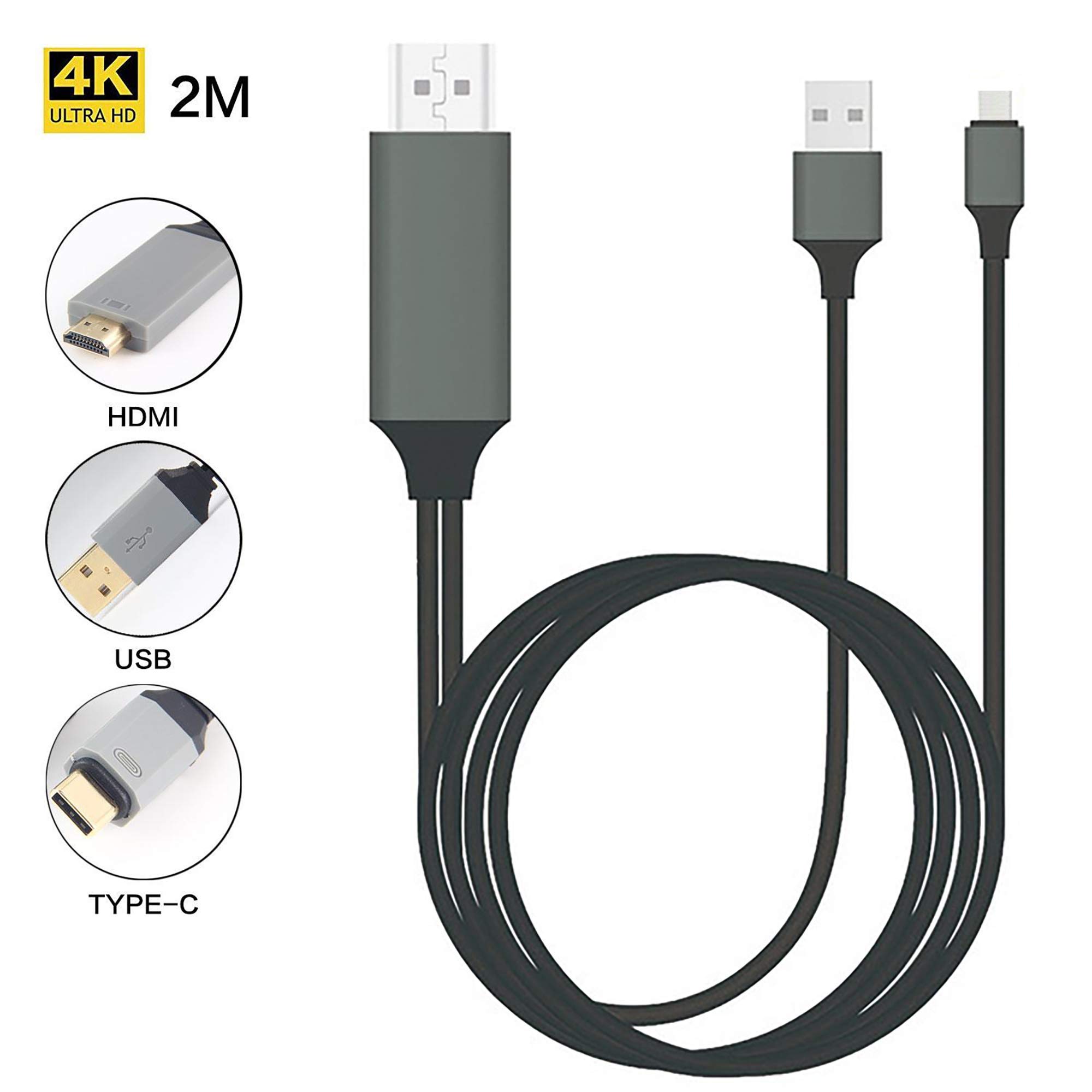 Tek Styz Powered USB-C 4k HDMI Cable Compatible with Motorola One Action Plus USB Charging at Max 2160p@60Hz, 6Ft/2M Cable [Gray, Thunderbolt 3]