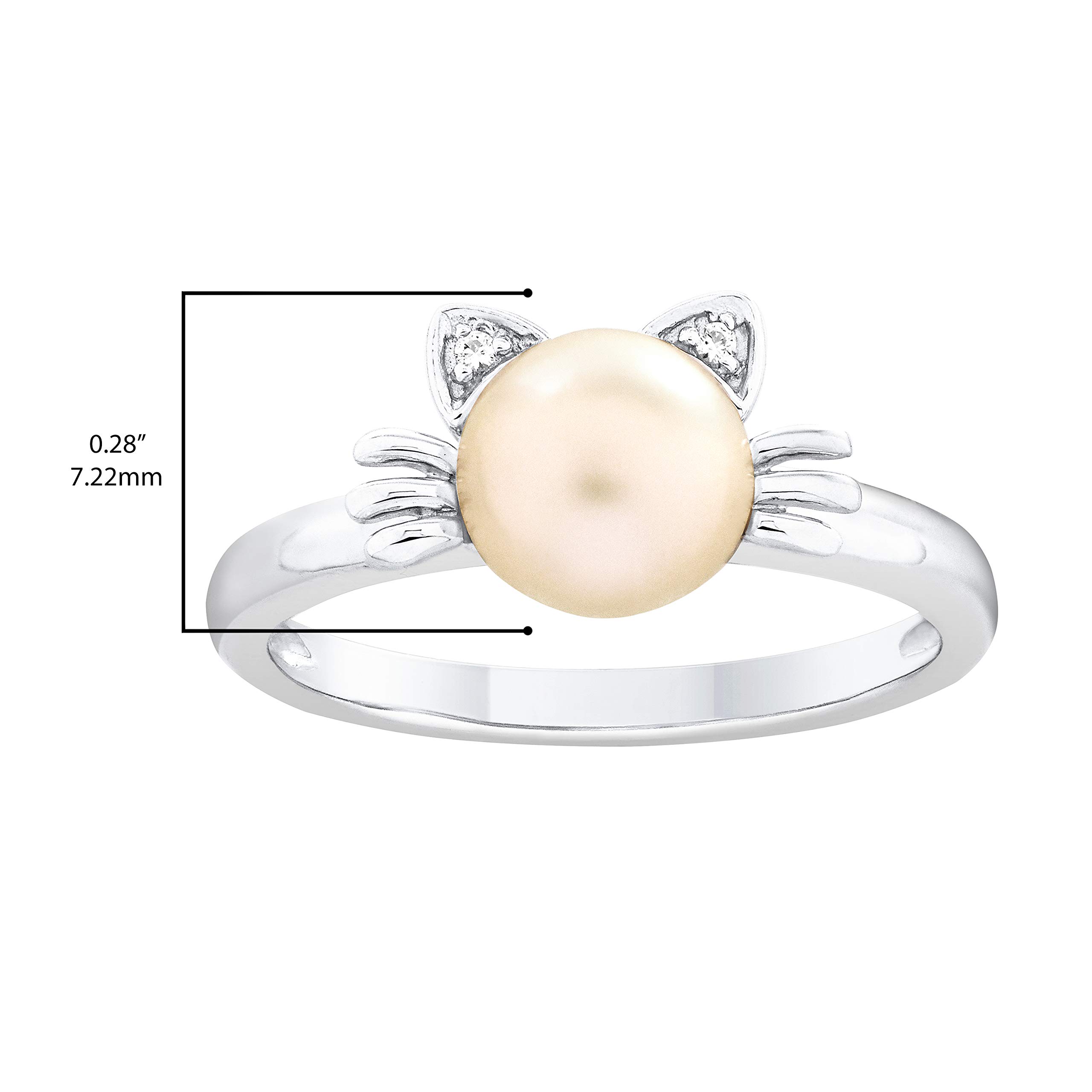 Lexi and Rose .925 Sterling Silver, 7.0mm White Freshwater Cultured Pearl & Lab Grown White Sapphire Kitty Cat Statement Ring - Size 9