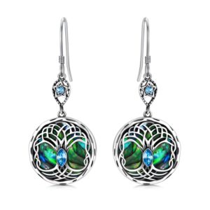 celtic tree of life earrings sterling silver family tree dangle drop earrings with birthstone crystals, birthday jewelry gifts for women her (simulated aquamarine)