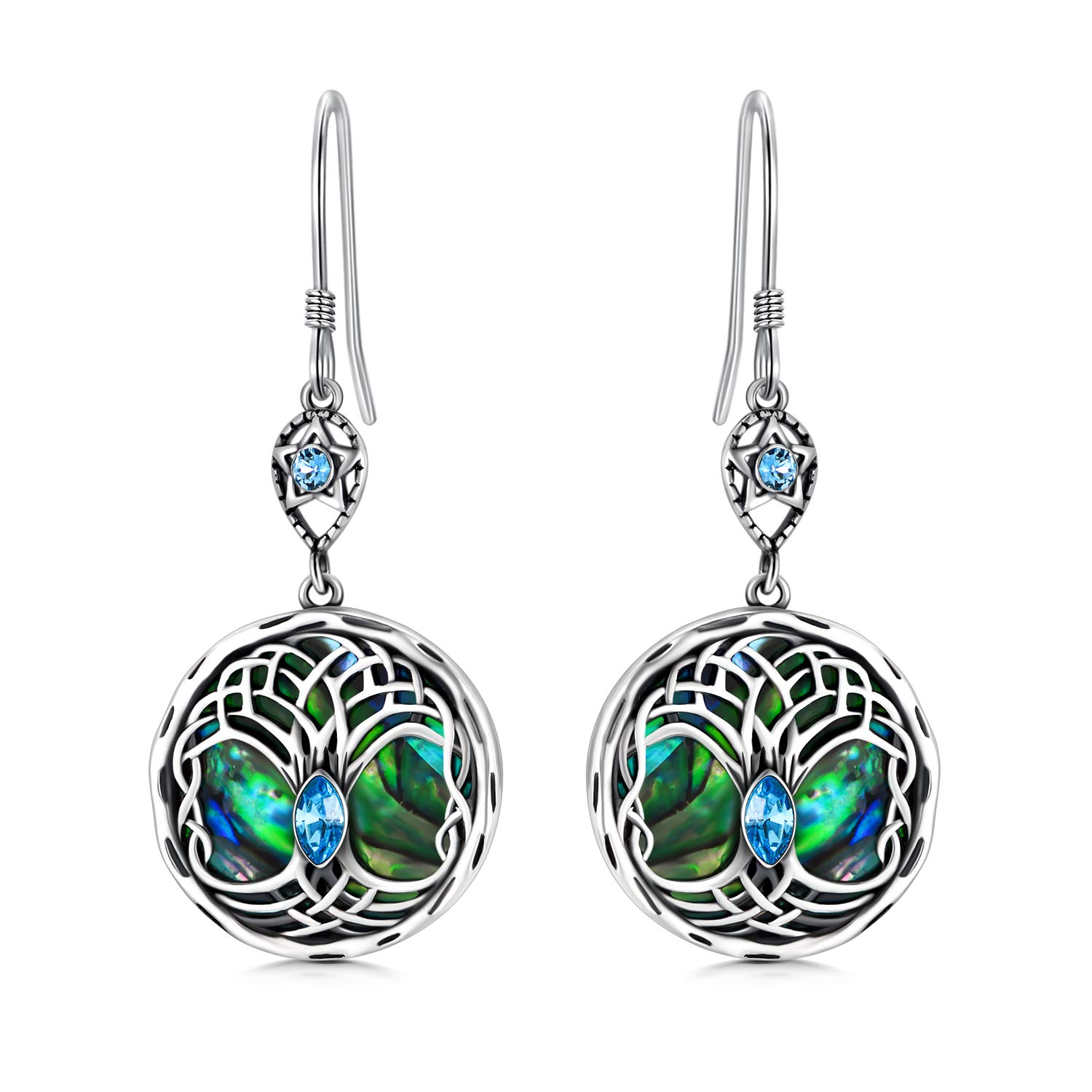 Celtic Tree of Life Earrings Sterling Silver Family Tree Dangle Drop Earrings with Birthstone Crystals, Birthday Jewelry Gifts for Women Her (Simulated Aquamarine)