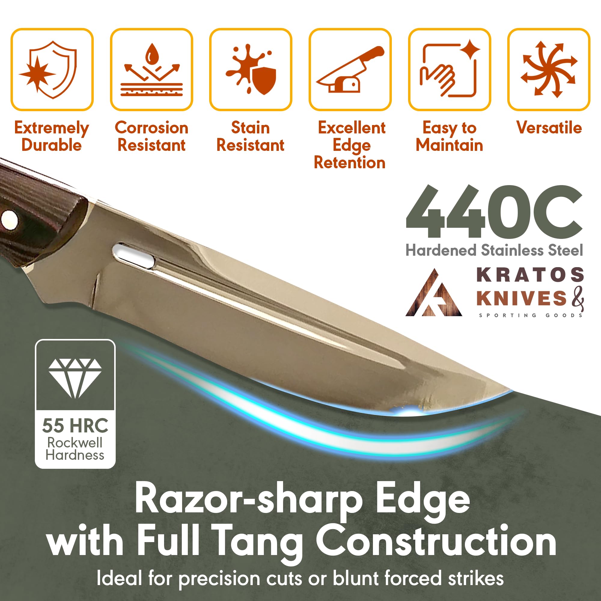 Bushcraft Knife with Sheath, 9.4" Fixed Blade Knife with 440C Hardened Stainless Steel Full Tang Survival Knife for Outdoor & Camping By Kratos - ZSF1