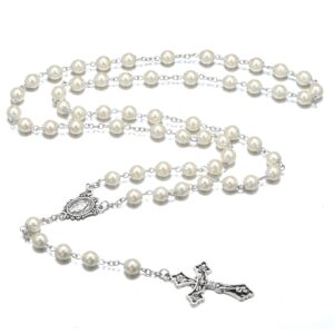 Catholic Pearl Beads Rosary Necklace Metal Beaded Miraculous Medal & Cross Rosary for Women (Silver)