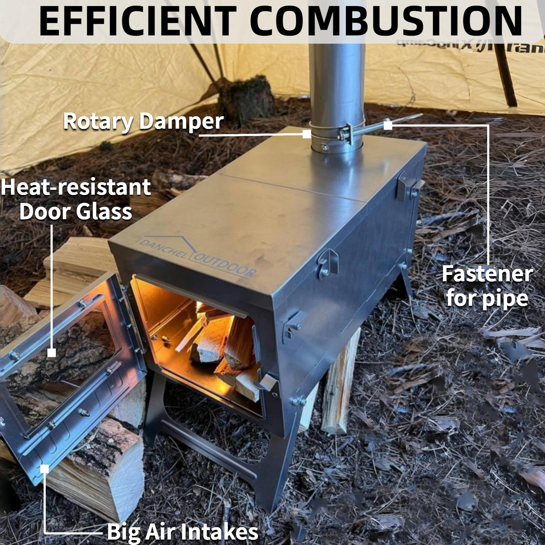 DANCHEL OUTDOOR T6 TA1 Titanium Wood Burning Stove Portable 4.4lbs, Folding Camping Tent Stove Lightweight Small Hot Tent Stove 7.2ft Chimney Backpacking