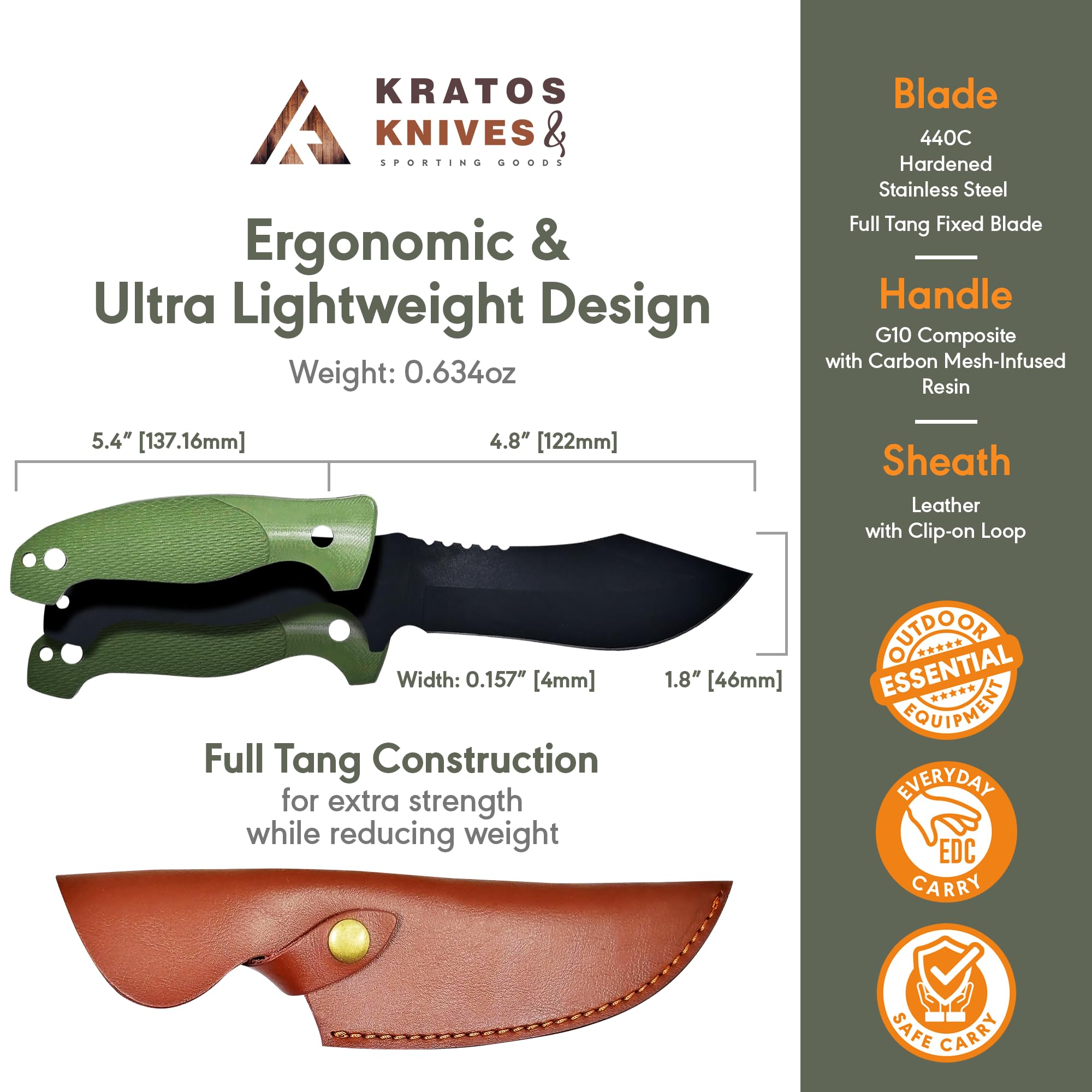 Bushcraft Knife Full Tang with Sheath, 10.2" Fixed Blade Survival Knife with 440C Hardened Stainless Steel, Leather Sheath Included by Kratos - ZFS5