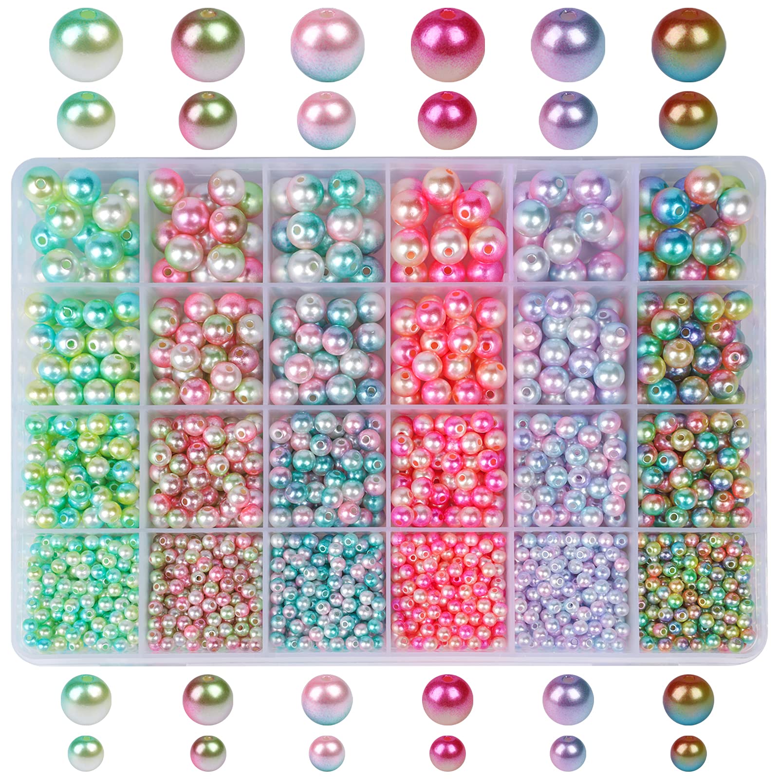 Suhome 1890pcs 6 Colors 4/6/8/10mm Multicolored Round Spacer Beads Faux ABS Pearls Beads Smooth Filler Rainbow Beads for Jewelry Making