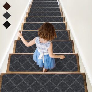 rioland stair treads carpet non-slip indoor 15 pcs wood stair treads rugs anti moving modern stair runners safety for kids dogs, 8" x 30", diamond gray