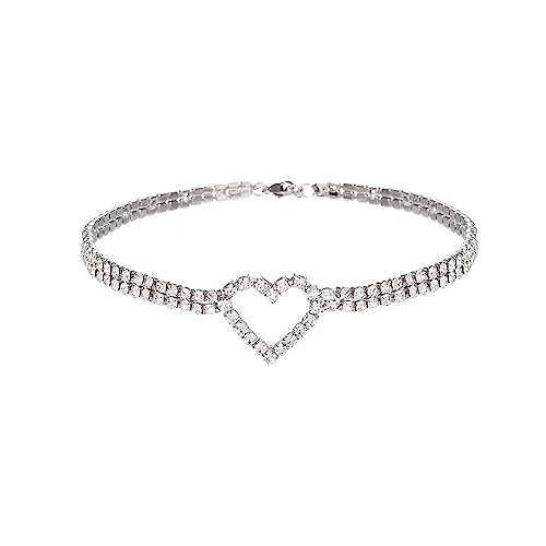 JAKAWIN Rhinestone Heart Choker Necklace Silver Crystal Neck Chokers Chain Necklaces for Women (1 Silver)