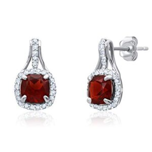 max + stone 10k white gold cushion cut red garnet drop earrings with push backs for women with 1/3 carat diamonds and january birthstone