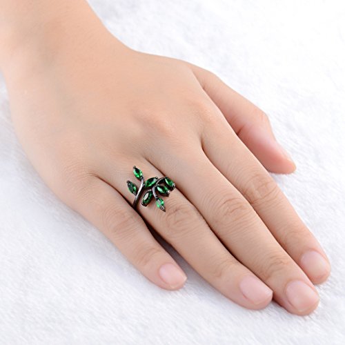 Huanhuan Jewelry Black Gold Plated Ring Marquise Cut Seven Green Cubic Zirconia Adjustable Leaf Design For Womens Girls Bridal Wedding Band Ring Unique Anniversary Gift Size 10