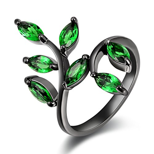 Huanhuan Jewelry Black Gold Plated Ring Marquise Cut Seven Green Cubic Zirconia Adjustable Leaf Design For Womens Girls Bridal Wedding Band Ring Unique Anniversary Gift Size 10