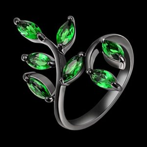 Huanhuan Jewelry Black Gold Plated Ring Marquise Cut Seven Green Cubic Zirconia Adjustable Leaf Design For Womens Girls Bridal Wedding Band Ring Unique Anniversary Gift Size 10