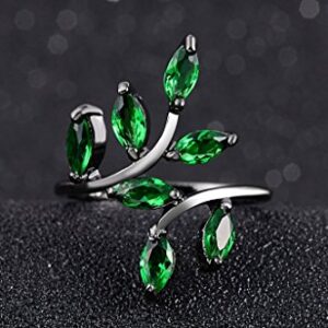 Huanhuan Jewelry Black Gold Plated Ring Marquise Cut Seven Green Cubic Zirconia Adjustable Leaf Design For Womens Girls Bridal Wedding Band Ring Unique Anniversary Gift Size 10