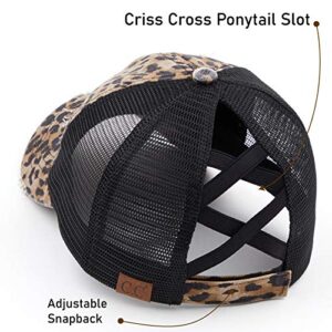 C.C Exclusives Washed Distressed Cotton Denim Criss-Cross Ponytail Hat Baseball Cap Bundle Hair Tie (BT-780)(BT-791) (A Elastic Band-Baby Leopard)