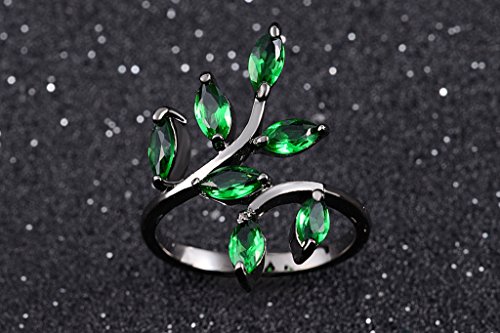 Huanhuan Jewelry Black Gold Plated Ring Marquise Cut Seven Green Cubic Zirconia Adjustable Leaf Design For Womens Girls Bridal Wedding Band Ring Unique Anniversary Gift Size 10