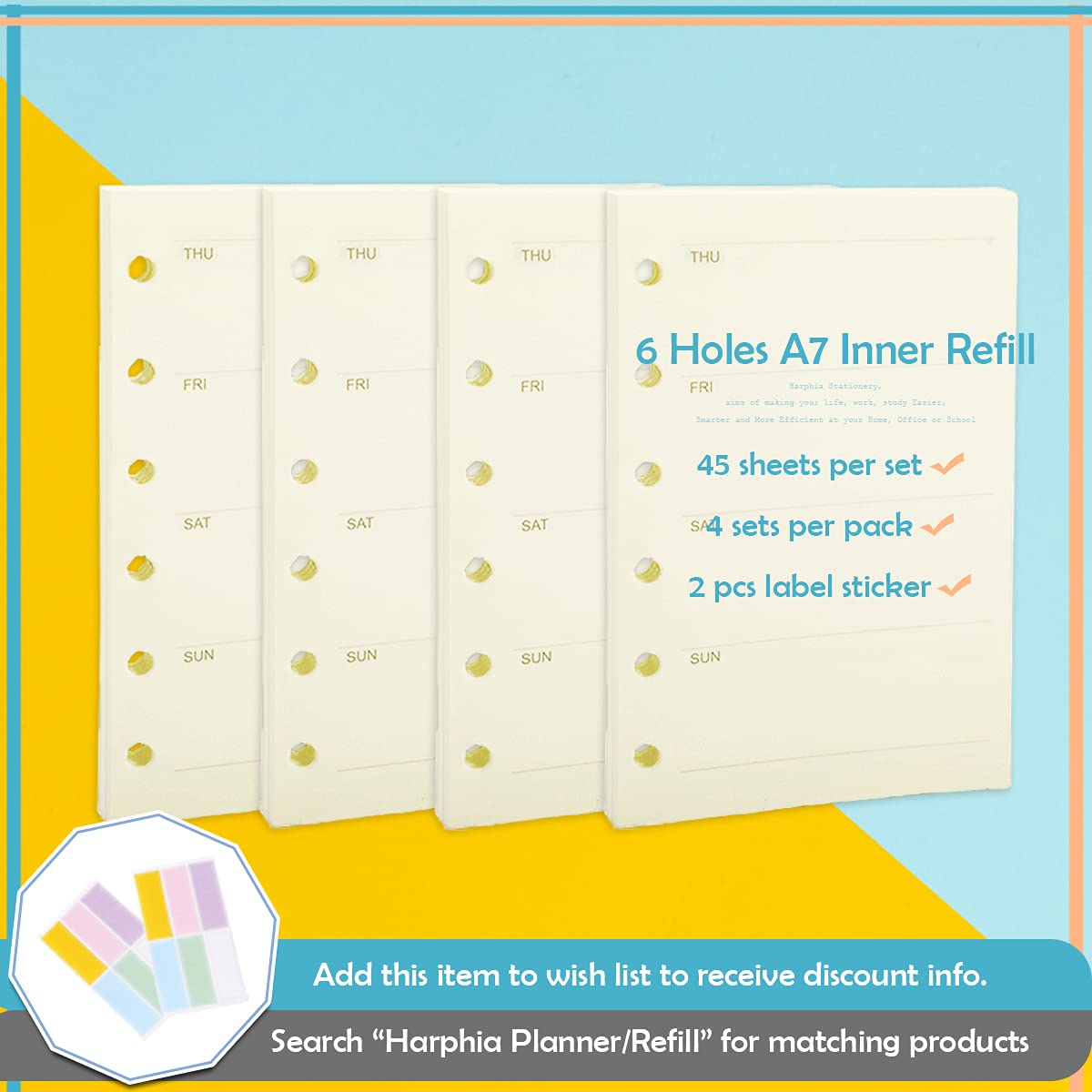 A7 Planner Refills, 4 Packs per Set, Weekly Plan Paper, A7 6 Ring Binder Inserts Refill with Label Stickers Gift,Mini Binder Refills,6 hole/100gsm Thick Paper/4.84 x 3.23'', Harphia