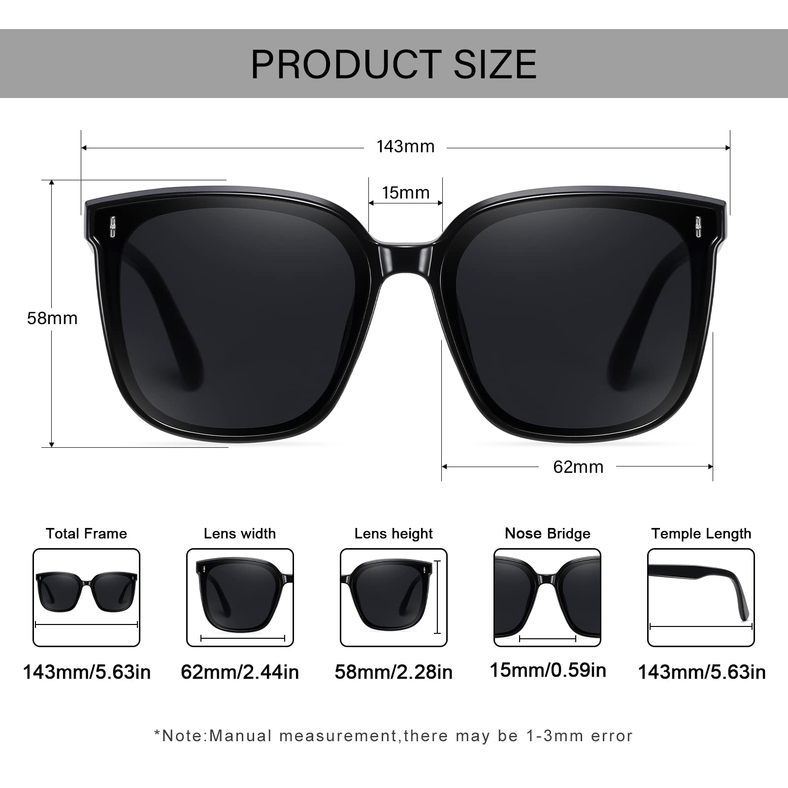 Dollger Retro Oversized Square Sunglasses for Women Trendy Classic Style Sun Glasses UV400 Protection Black