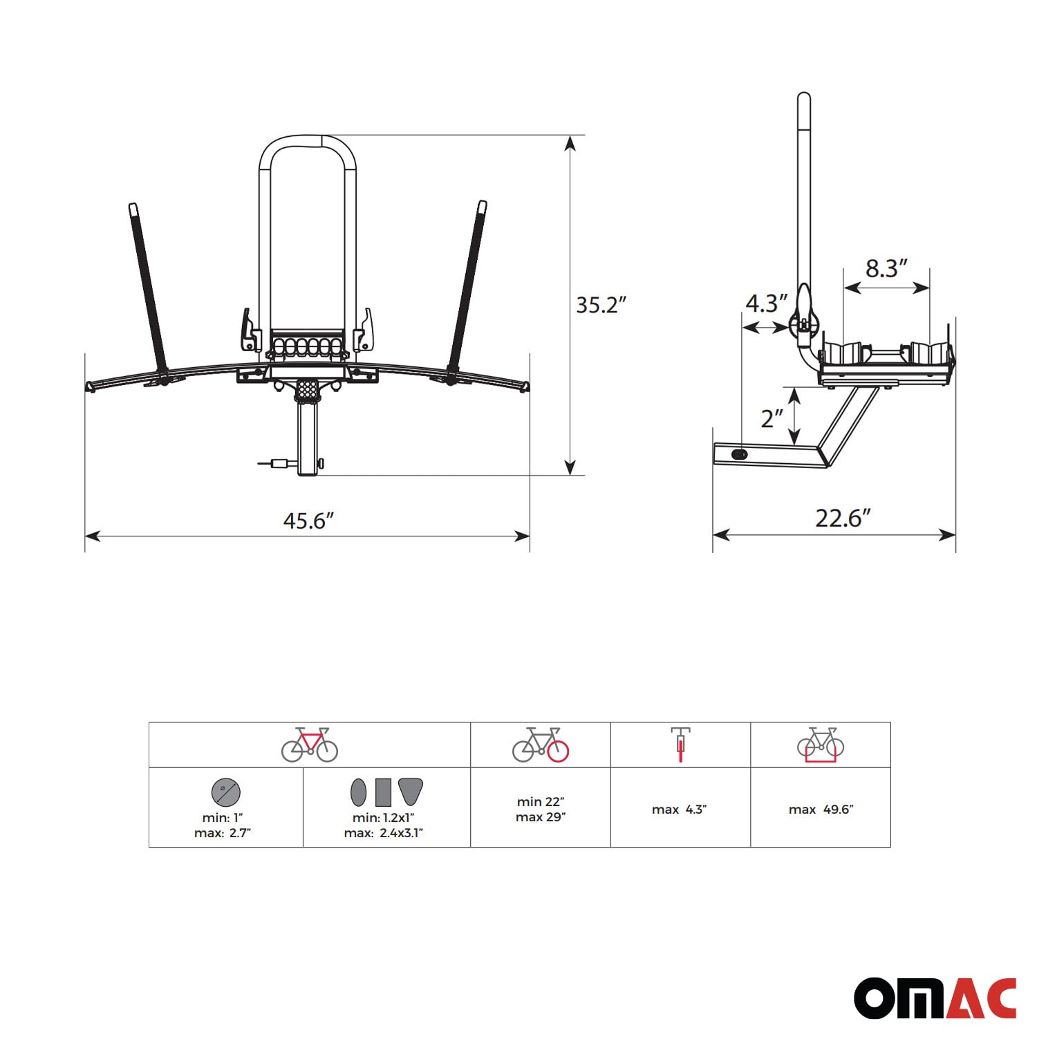 OMAC Auto Accessories Foldable Bike Rack Hitch Mounted | 2 Bicycle Carrier Racks Adjustable Hitches Suitable for Electric Bikes and Fat Bikes