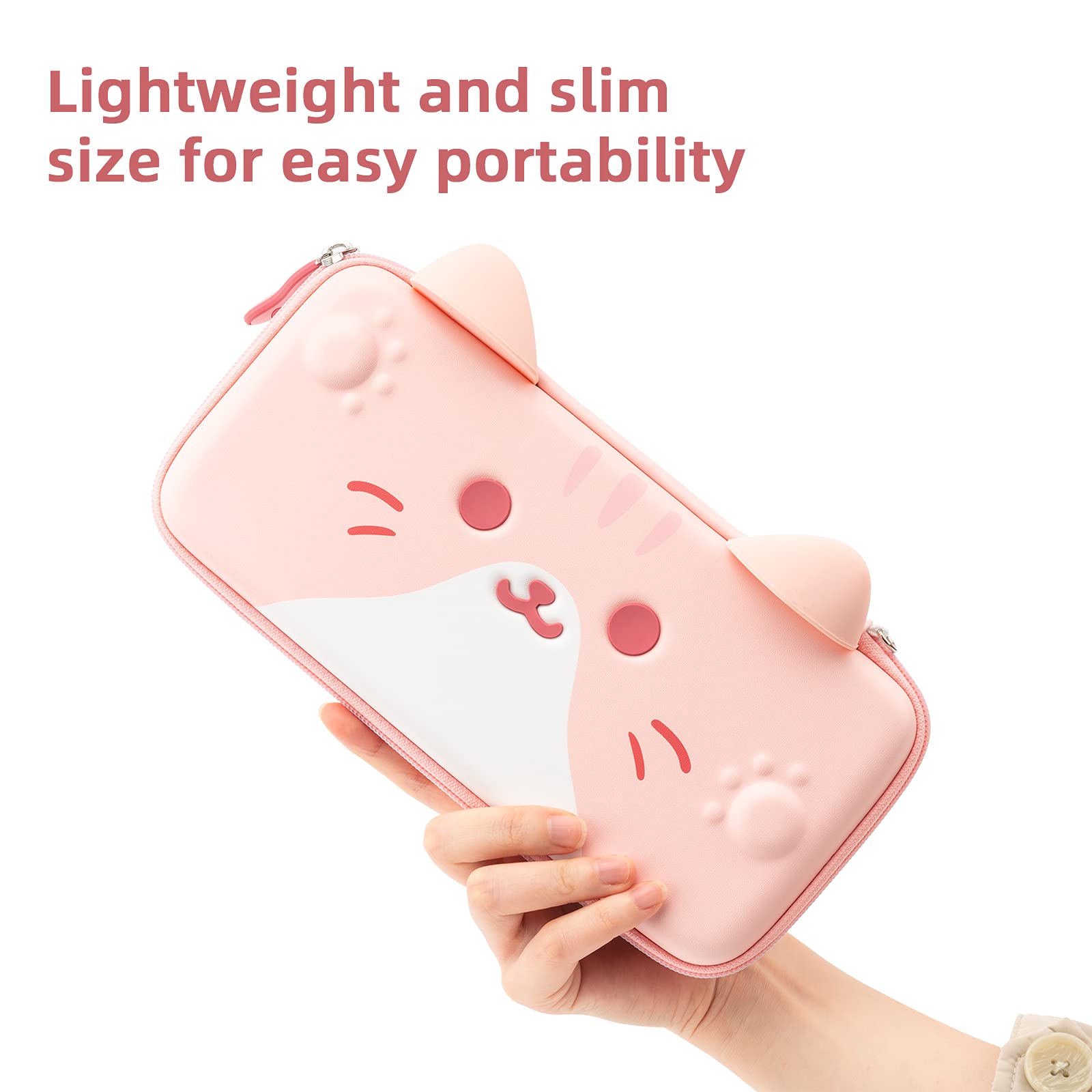 GeekShare Cat Ears Carry Case Compatible with Nintendo Switch/Switch OLED - Portable Hardshell Slim Travel Carrying Case fit Switch Console & Game Accessories (Pink, Small)