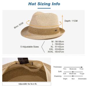 Fancet Packable Straw Fedora Panama Sun Summer Beach Hat Cuban Trilby Men Women 63-65cm Size 8 XX-Large Beige