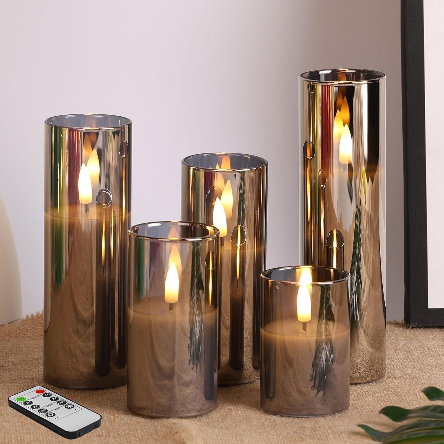 Eywamage 5 Pack Grey Glass Flameless Candles with Remote, Flickering Slim Tall LED Pillar Votive Candles Battery Included