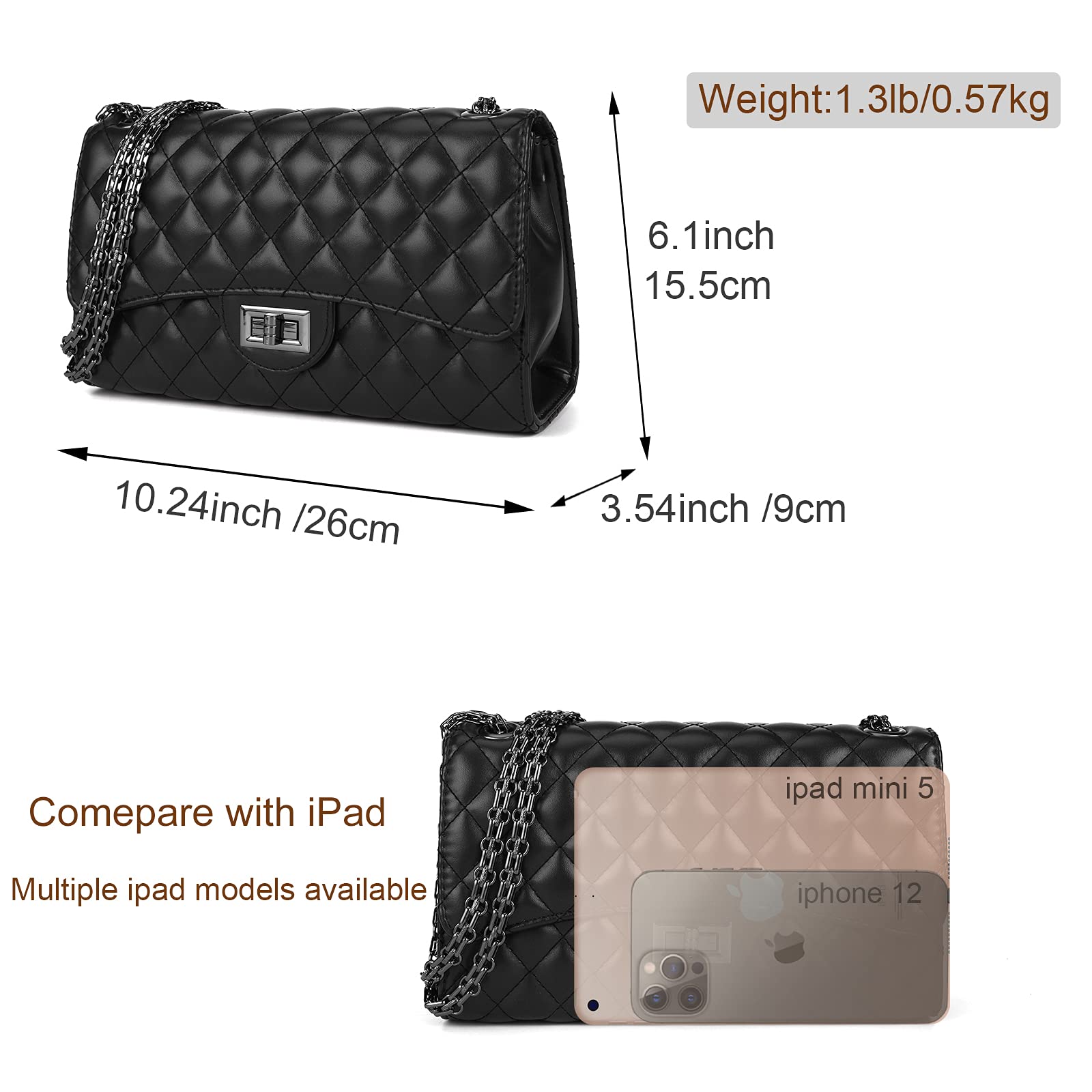 Gladdon Quilted Leather Crossbody Purse for Women Trendy Ladies Shoulder Bag with Chain Designer Purses Black