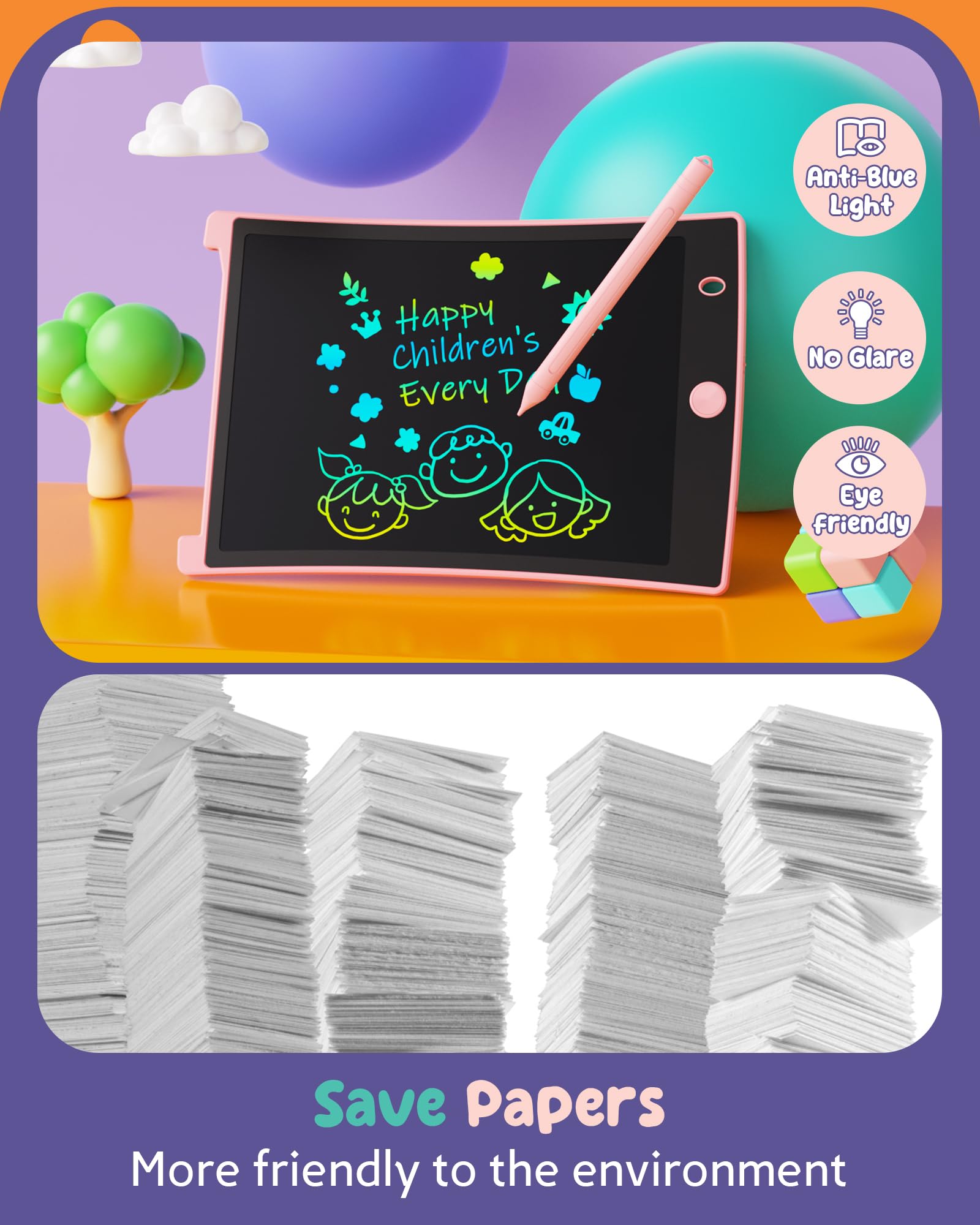 ORSEN Colorful 8.5 Inch LCD Writing Tablet for Kids, Electronic Sketch Drawing Pad Doodle Board, Toddler Travel Learning Educational Toys Activity Games Birthday Gifts for 3 4 5 6 7 8 Year Old Girls