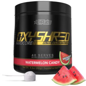 ehp labs oxyshred hardcore super dosed pre workout powder - preworkout powder with l glutamine & acetyl l carnitine, energy boost drink - 275mg of caffeine - watermelon candy, 40 servings