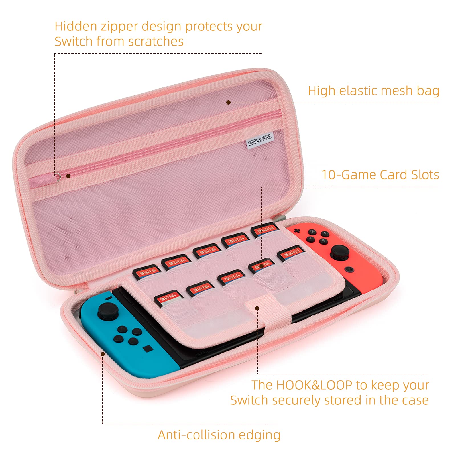 GeekShare Cat Ears Carry Case Compatible with Nintendo Switch/Switch OLED - Portable Hardshell Slim Travel Carrying Case fit Switch Console & Game Accessories (Pink, Small)