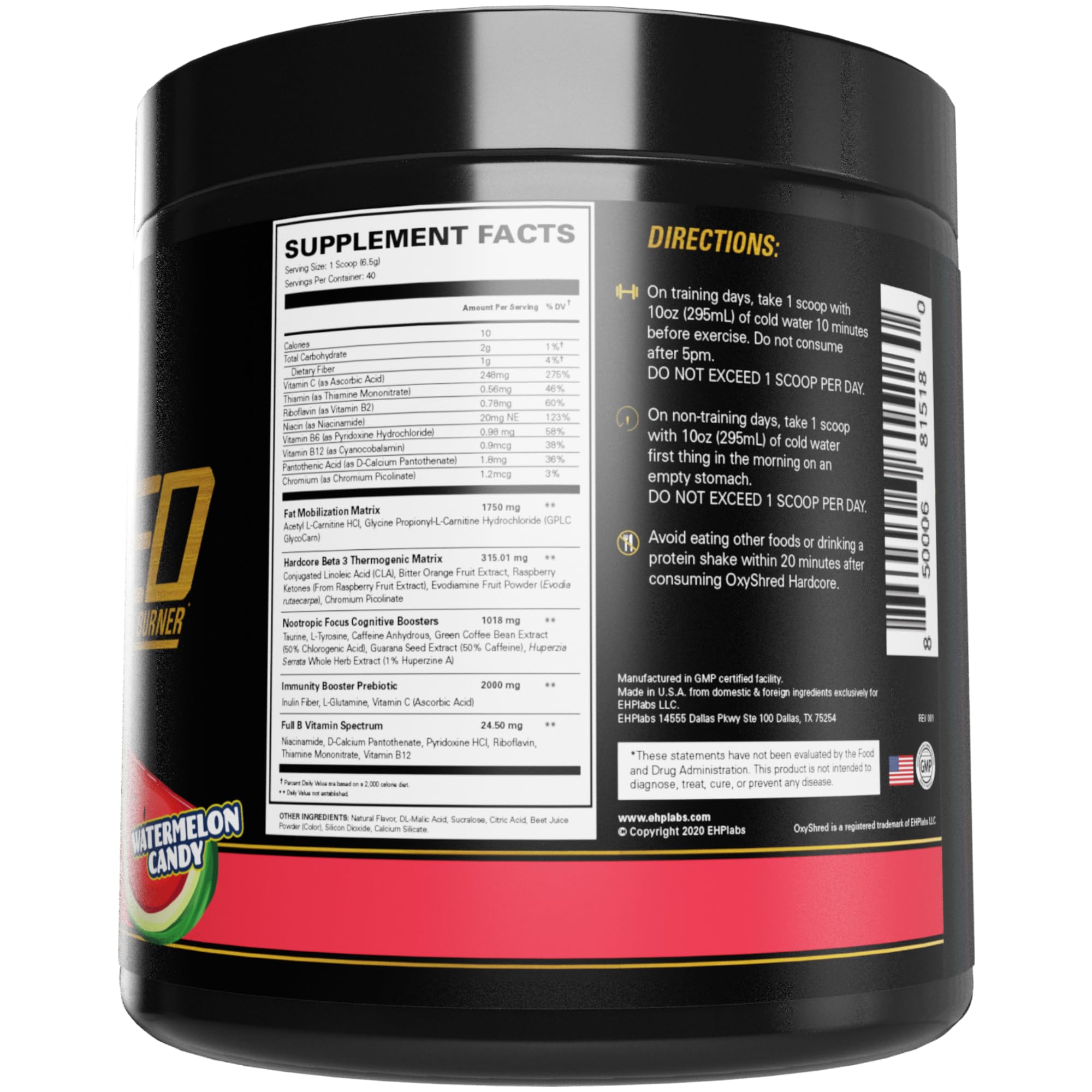 EHP Labs OxyShred Hardcore Super Dosed Pre Workout Powder - Preworkout Powder with L Glutamine & Acetyl L Carnitine, Energy Boost Drink - 275mg of Caffeine - Watermelon Candy, 40 Servings