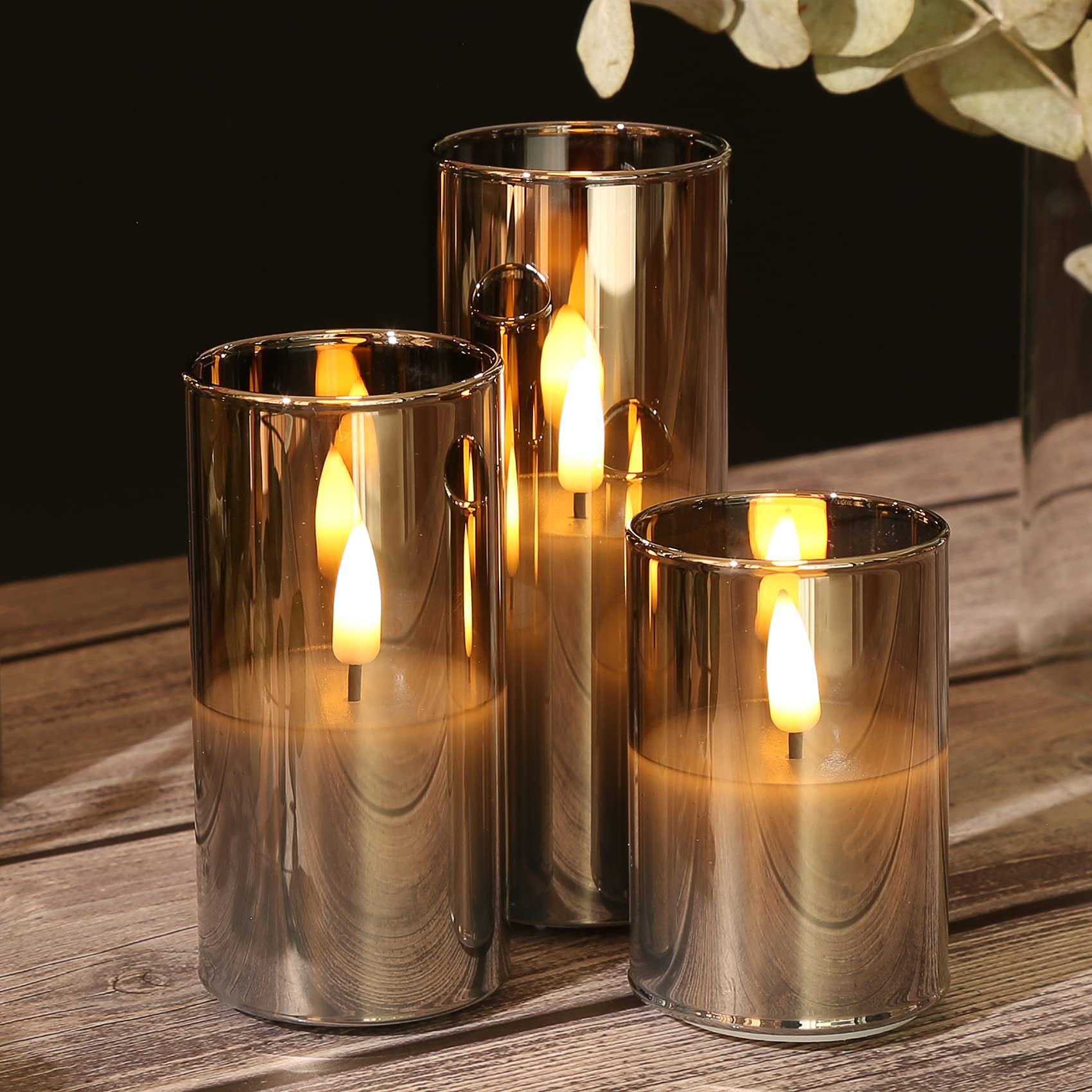 Eywamage 5 Pack Grey Glass Flameless Candles with Remote, Flickering Slim Tall LED Pillar Votive Candles Battery Included