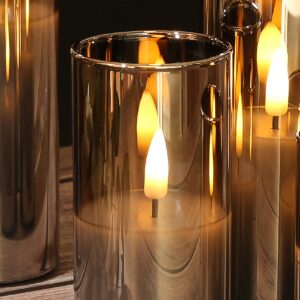 Eywamage 5 Pack Grey Glass Flameless Candles with Remote, Flickering Slim Tall LED Pillar Votive Candles Battery Included