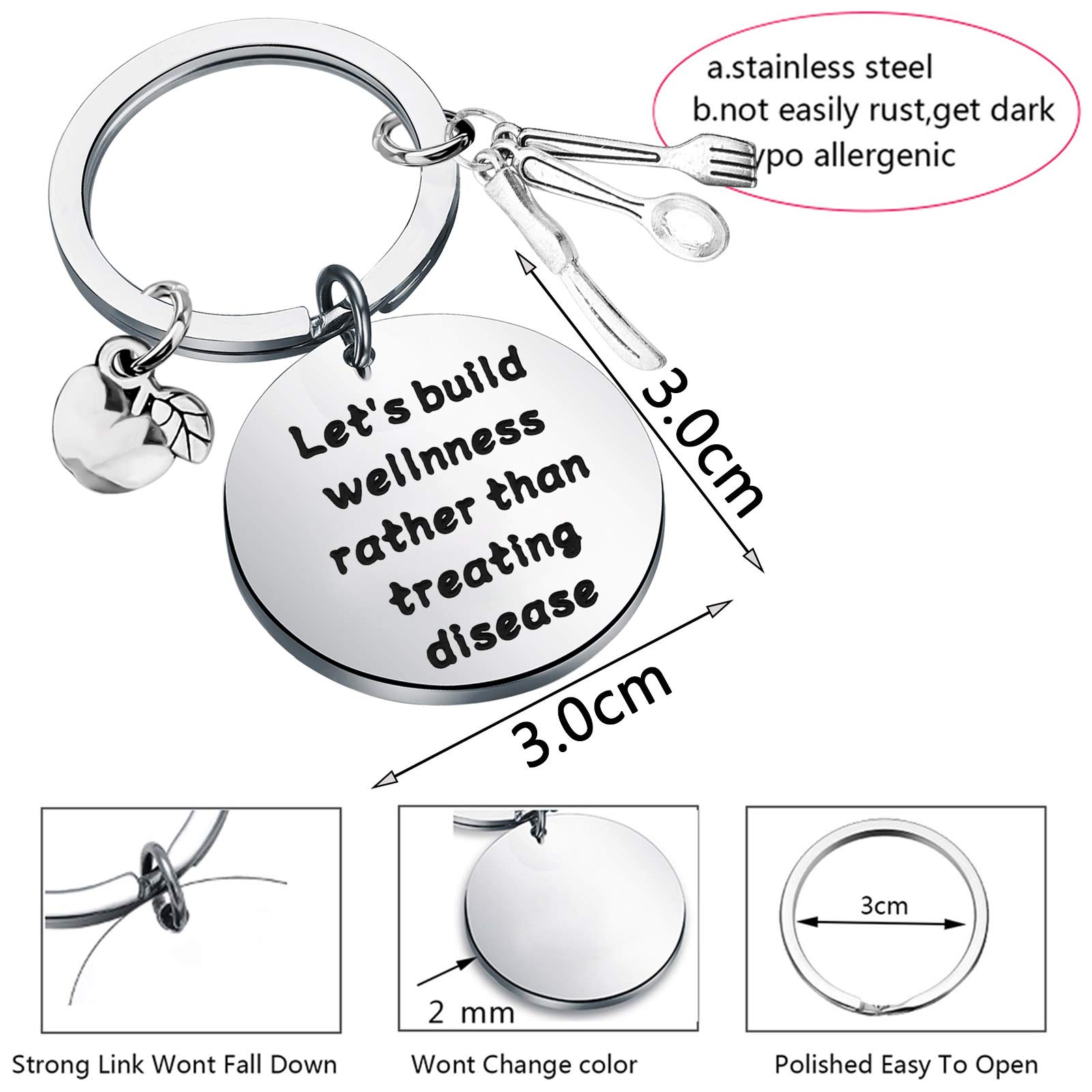 TGBJE Nutritionist Gift Keychain - 'Let's Build Wellness' Stainless Steel Keychain, Perfect for Dietitians, Nutrition Graduates & RDNs - Silver, Unisex, 3.0x3.0cm - Includes Velvet Pouch