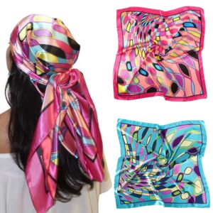 awaytr 35” large satin square head scarf - 2pcs silk like floral head scarves square satin hair scarf bandanas for women (elliptical grid(rose+blue))