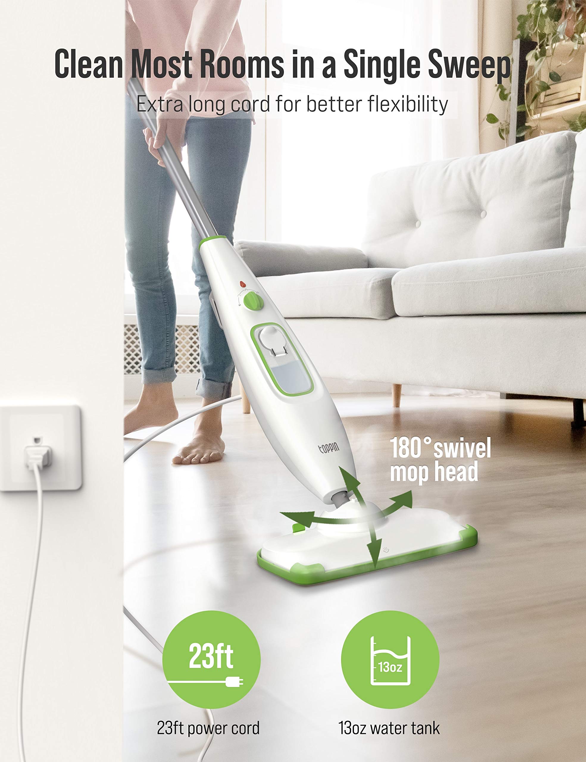 TOPPIN Steam Mop - 23ft Power Cord and 380ml Water Tank, 3 Steam Levels, Steam Mop with 2 Steam Mop Pads, Lightweight Steam Cleaner for Hardwood Floor, Marble, Laminate, Tile